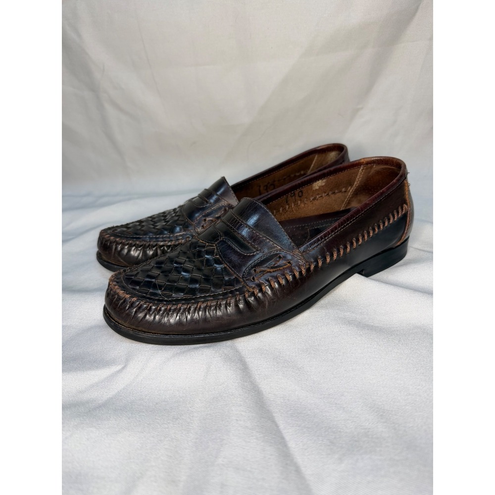 GH Bass Woven Leather Penny Loafers Mens 10.5 M Brown Whipstitch Moc Toe Shoes